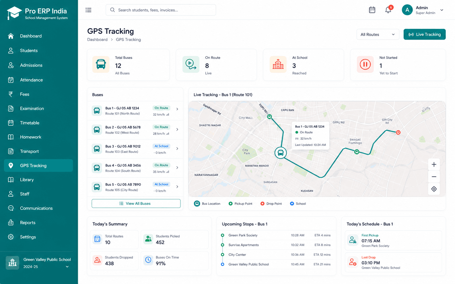 Pro ERP India school bus GPS tracking screen with live map and route